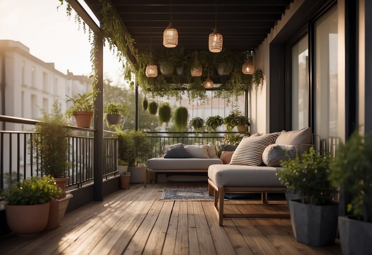 A small and simple balcony with cozy lighting and visual comfort decoration
