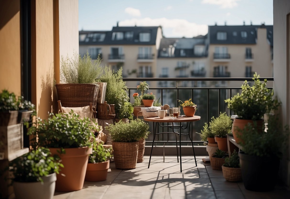 A small, simple balcony adorned with natural elements and landscaping decor