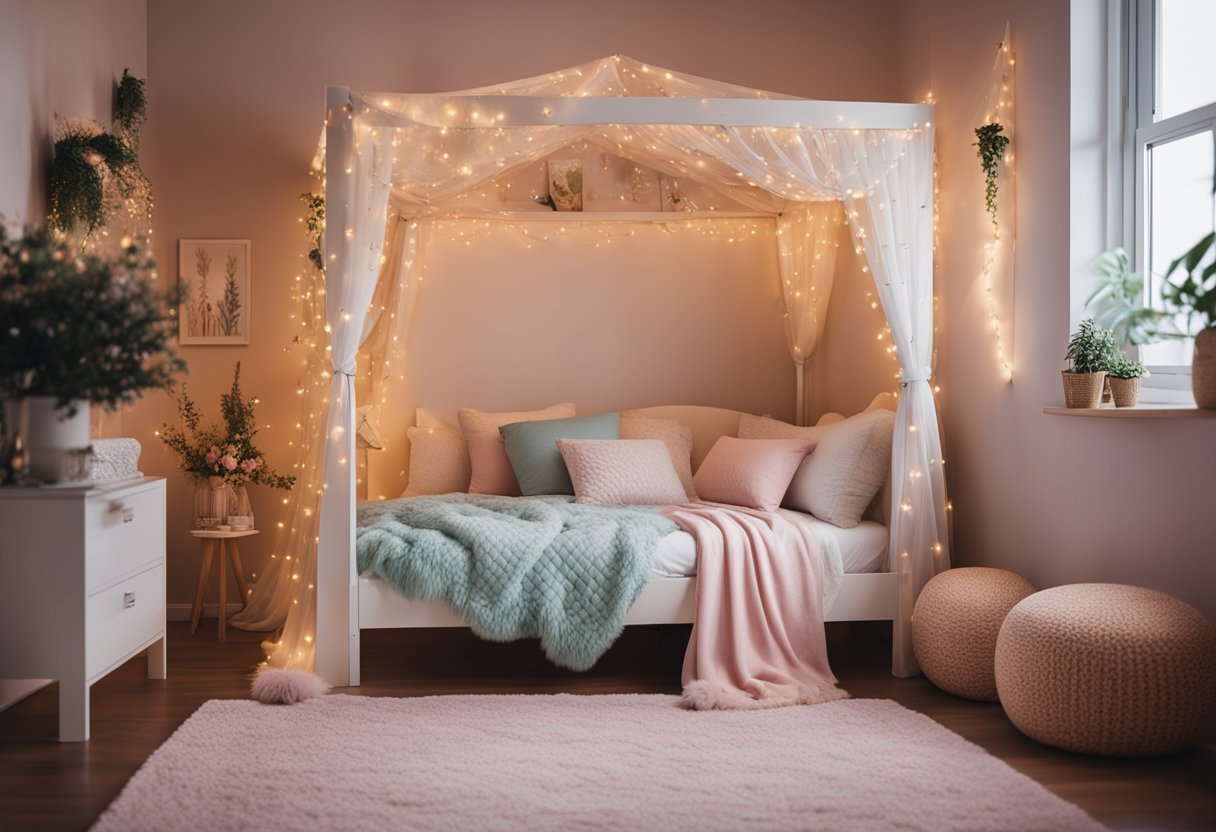 A girl's bedroom with pastel colors, floral patterns, and decorative pillows. A canopy bed with fairy lights and a cozy reading nook with a fluffy rug