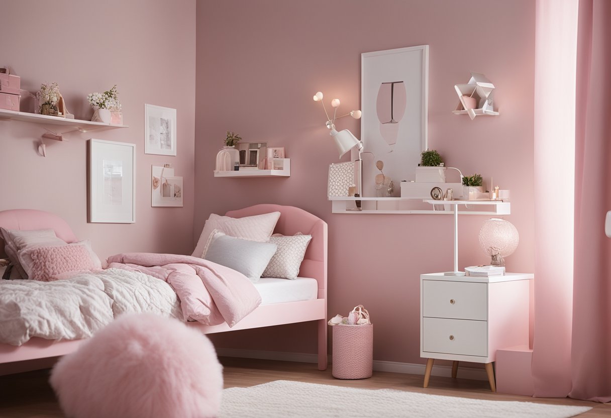 A neatly arranged girl's bedroom with pink and white furniture, a cozy bed, and decorative accents
