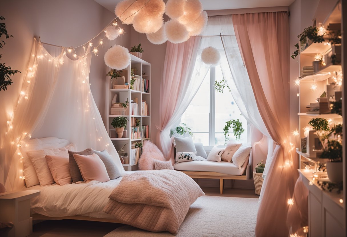 A girl's bedroom decorated with pastel colors, fairy lights, and floral patterns. A canopy bed with fluffy pillows and a cozy reading nook with a bean bag chair and bookshelves